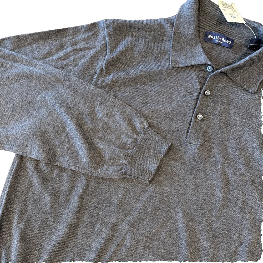 NWT Austin Reed London Men Large Gray 100% Merino Wool Polo Knit Sweater Shirt